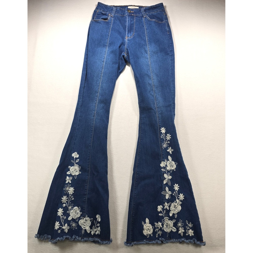 Chelsea & Violet Floral Embroidered Flare Jeans Medium Wash Boho Bell Bottoms 26